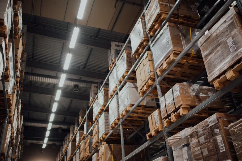 Warehouse shelves filled with boxes