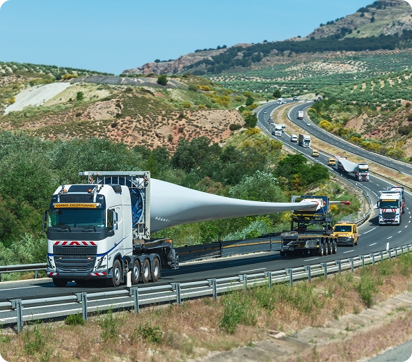 Trucks transporting large wind turbine blades